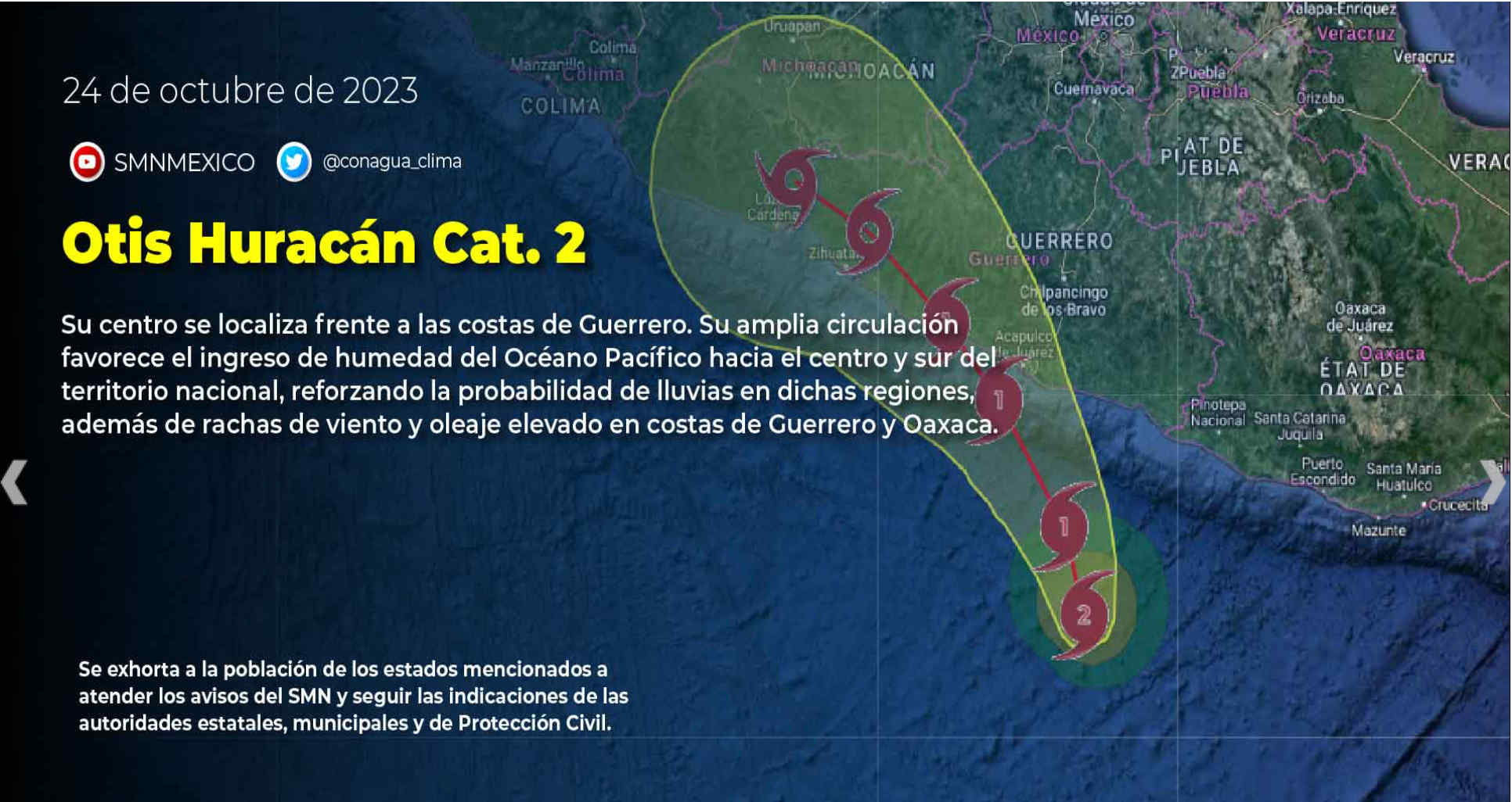 LA TORMENTA TROPICAL OTIS PRODUCIRÁ LLUVIAS INTENSAS A TORRENCIALES EN GUERRERO, OAXACA Y CHIAPAS